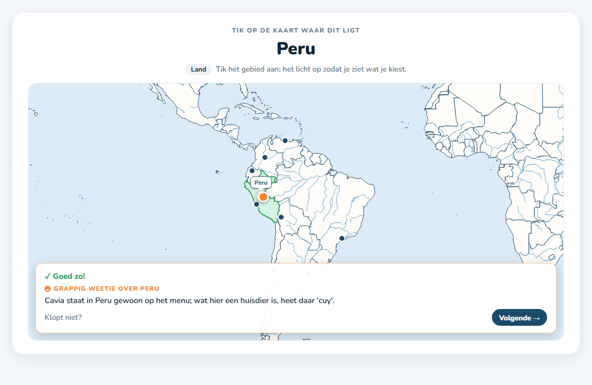 Aanwijzen op de blinde kaart: Peru is goed aangetikt en licht groen op, daaronder een grappig weetje over Peru